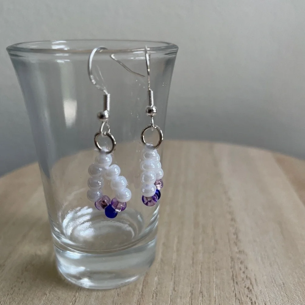 Navy Violet Flowers Beaded Earrings